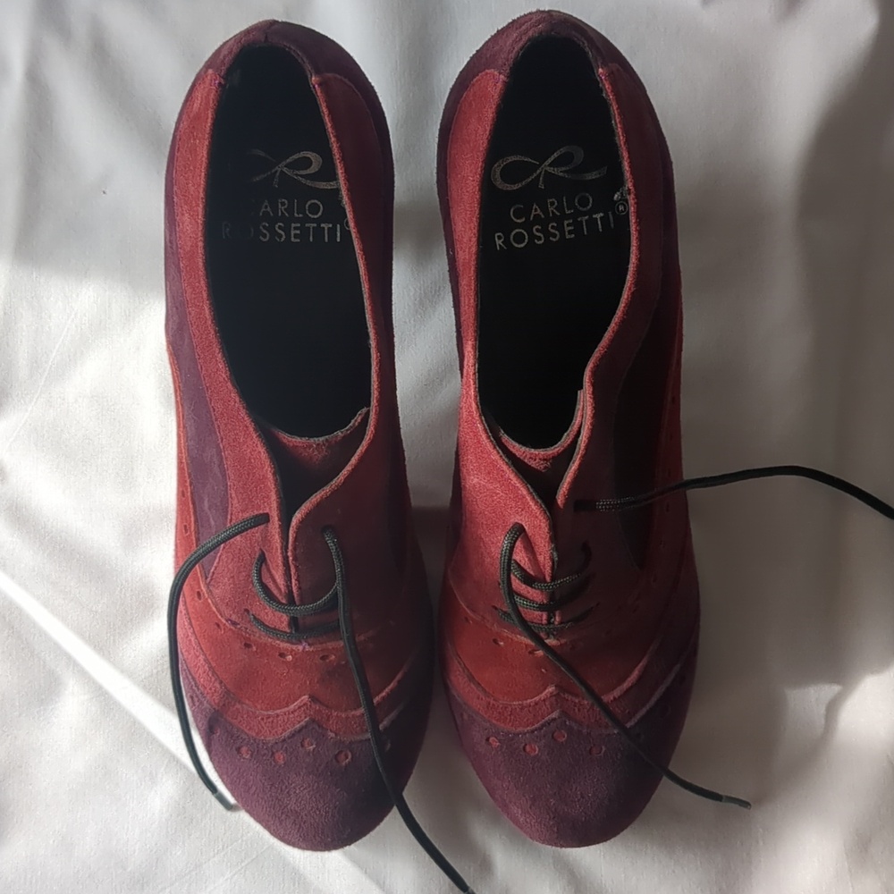 Carlo Rossetti burgundy colourblock suede Oxford heeled booties | Size 6.5 - Picture 3 of 7